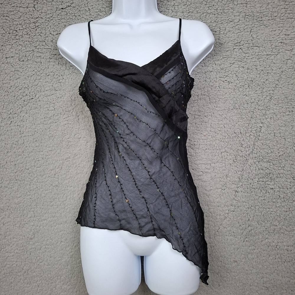 Vintage 90s Y2K S Silk Beads sequin Asymmetrical Ruffle Camisole Fairy